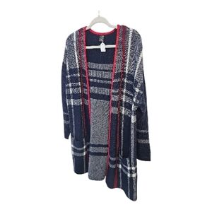 Plaid Open Front Cardigan in Navy and Red
